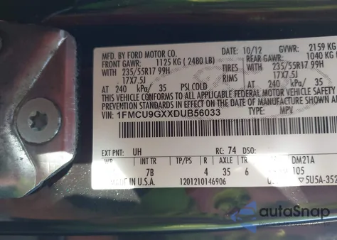 2013 Ford Escape Se from USA, damaged, VIN 1FMCU9GXXDUB56033